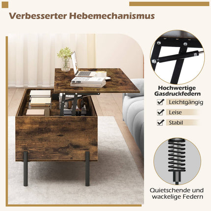 Verstellbarer Couchtisch mit Hubplatte, Stauraum, Braun