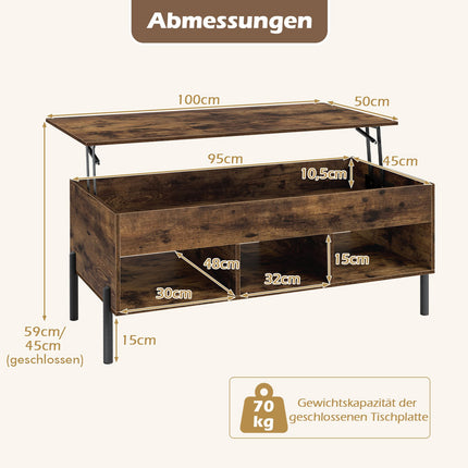 Verstellbarer Couchtisch mit Hubplatte, Stauraum, Braun
