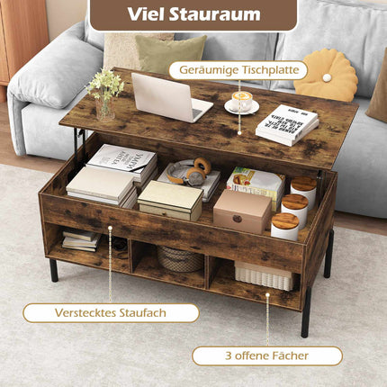 Verstellbarer Couchtisch mit Hubplatte, Stauraum, Braun