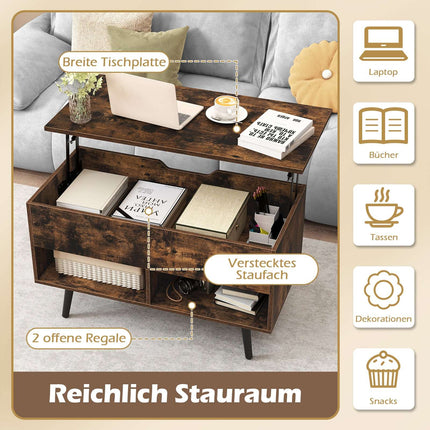 Table basse réglable avec plateau relevable et étagères de rangement