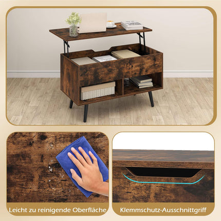 Table basse réglable avec plateau relevable et étagères de rangement