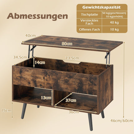 Table basse réglable avec plateau relevable et étagères de rangement