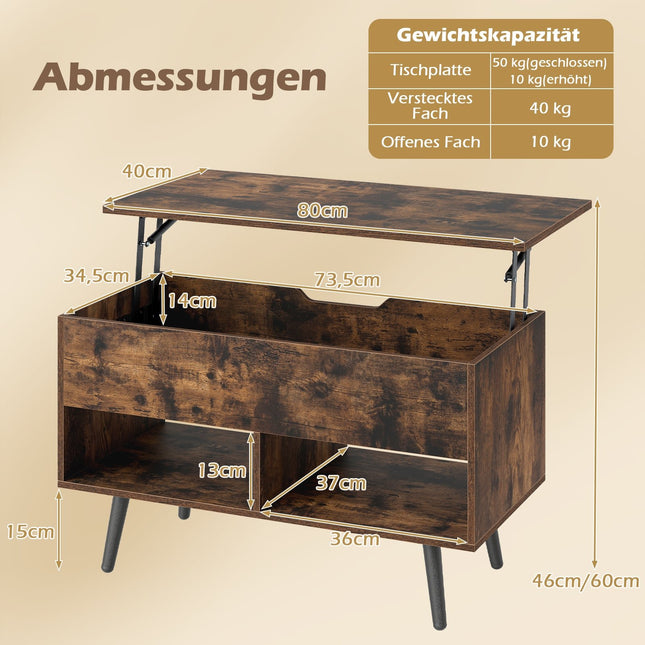 Table basse réglable avec plateau relevable et étagères de rangement