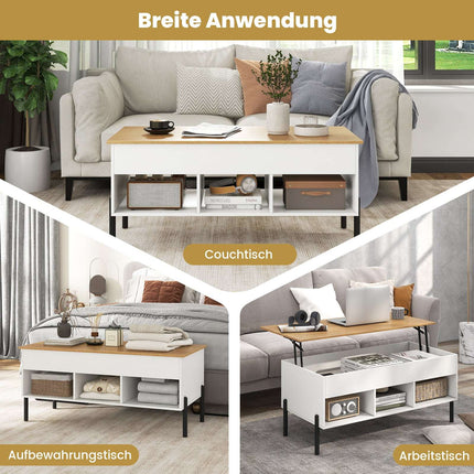 Table basse réglable avec plateau relevable et rangement, blanche
