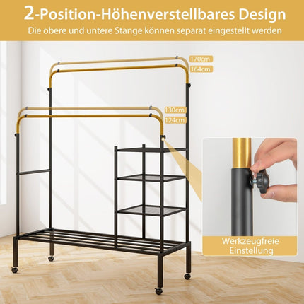 Verstellbarer Kleiderständer mit Doppelstange auf Rollen, Gold, 135x54x170cm