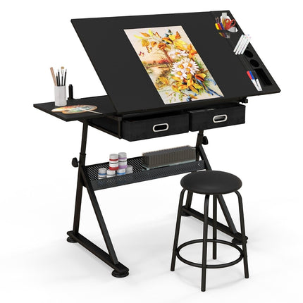 Table à dessin réglable avec tabouret, plateau inclinable, 2 tiroirs