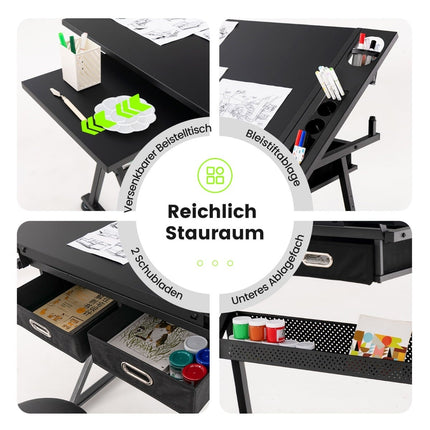 Table à dessin réglable avec tabouret, plateau inclinable, 2 tiroirs