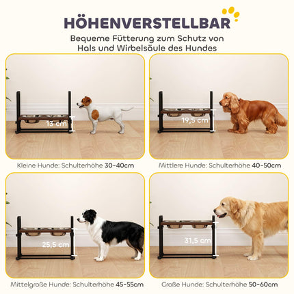 Support surélevé réglable pour gamelles de chien avec 2 gamelles en acier inoxydable de 1,2 L chacune.