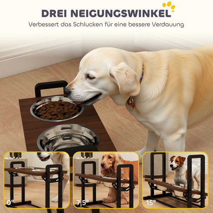 Support surélevé réglable pour gamelles de chien avec 2 gamelles en acier inoxydable de 1,2 L chacune.