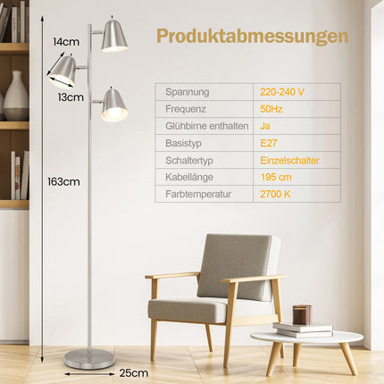 Lampadaire réglable avec 3 ampoules LED, abat-jour orientable à 360°