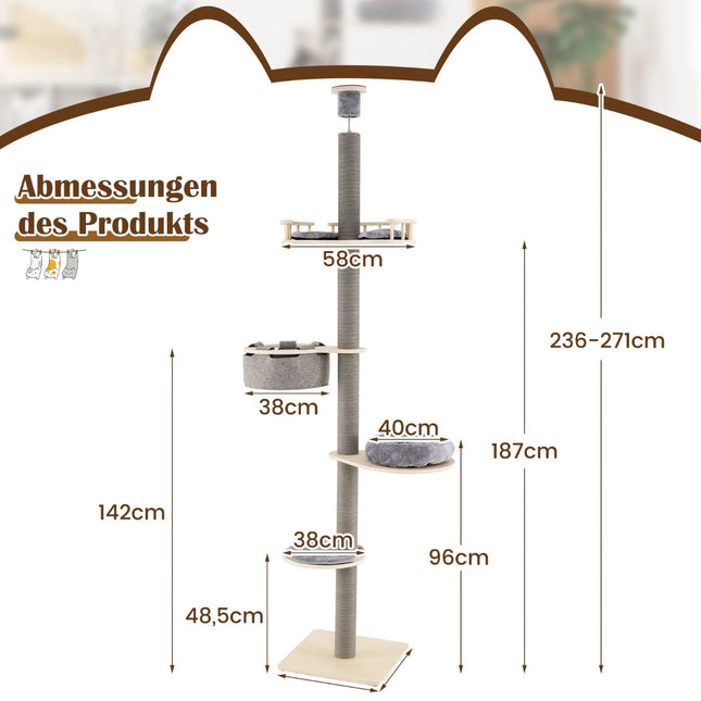 Arbre à chat réglable du sol au plafond, 236-271 cm, gris