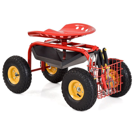 Siège de jardin réglable avec roulettes, pivotant à 360°, rouge