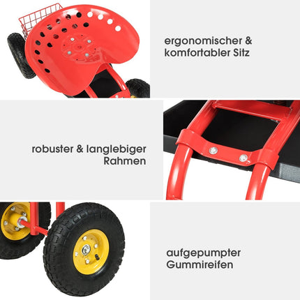 Siège de jardin réglable avec roulettes, pivotant à 360°, rouge