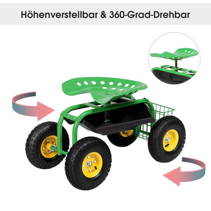Verstellbarer Gartensitz mit Rädern, 360° drehbar, Ablagekorb