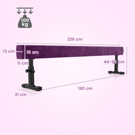 Poutre de gymnastique réglable, 226 cm, 3 hauteurs, violette