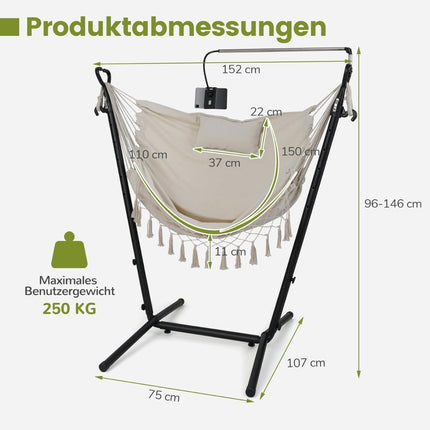 Fauteuil suspendu réglable avec support, beige, capacité de 250 kg