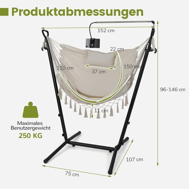 Verstellbarer Hängesessel mit Gestell, Beige, 250kg Tragkraft