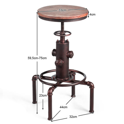 Tabouret de bar réglable en hauteur, bois de pin et fer, 59,5-75 cm