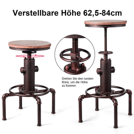 Tabouret de bar réglable en hauteur, bois de pin et fer, 59,5-75 cm