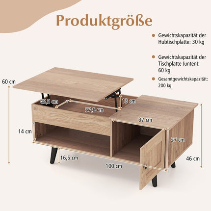 Table basse réglable en hauteur avec rangement dissimulé, 100 x 50 cm