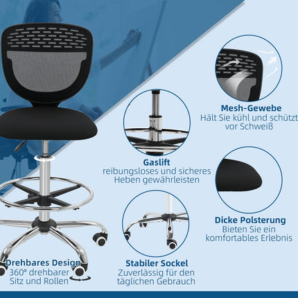 Chaise de bureau réglable en hauteur - Noire, rembourrée, sans accoudoirs