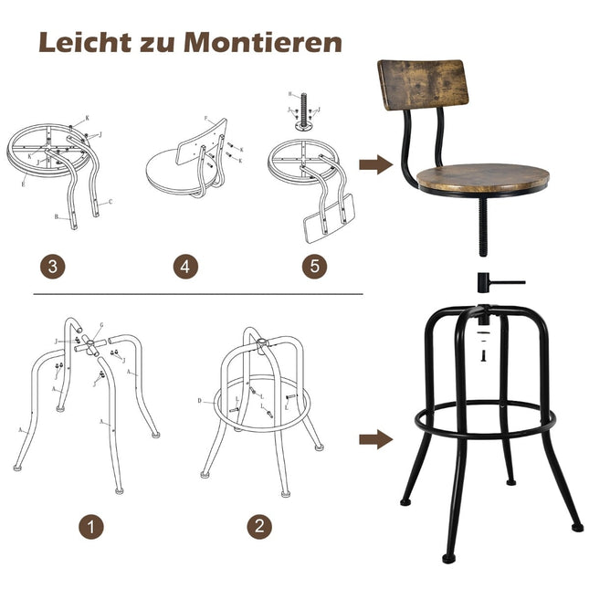 Verstellbare Industrie-Barhocker, drehbar, 2er-Set, Braun