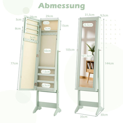 Armoire à bijoux réglable avec miroir pleine longueur, verte