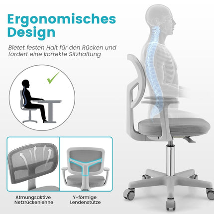 Chaise de bureau enfant réglable, pivotante à 360°, ergonomique, grise