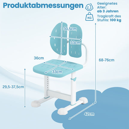 Chaise de bureau enfant réglable avec double dossier, bleue