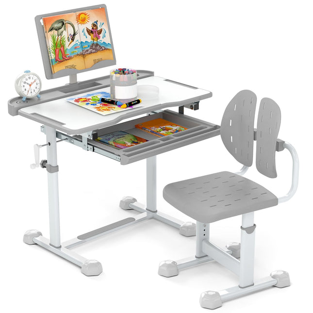Ensemble bureau et chaise réglables pour enfants avec plateau inclinable, gris
