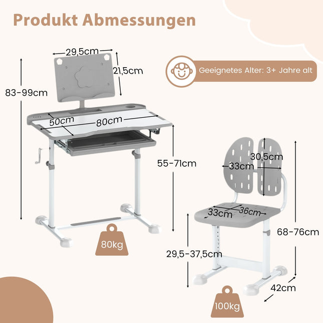 Ensemble bureau et chaise réglables pour enfants avec plateau inclinable, gris