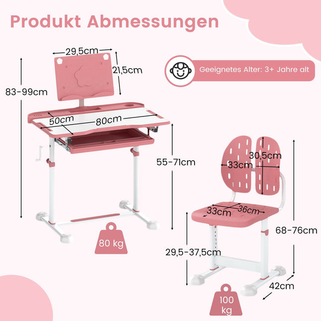 Ensemble bureau et chaise réglables pour enfants avec plateau inclinable, rose