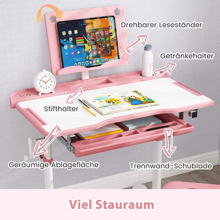Ensemble bureau et chaise réglables pour enfants avec plateau inclinable, rose