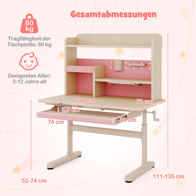 Verstellbarer Kinderschreibtisch mit Regal & Schublade – Rosa