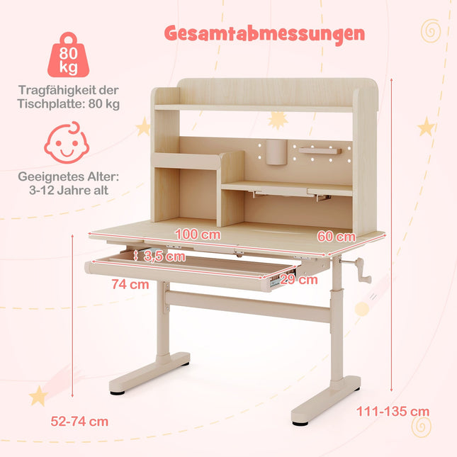 Bureau enfant réglable avec étagère et tiroir, plateau inclinable