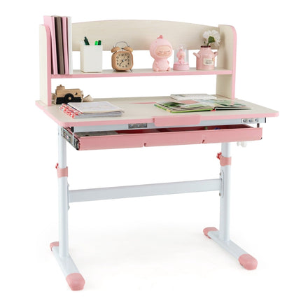 Bureau enfant réglable avec plateau inclinable, tiroir et étagère - Rose