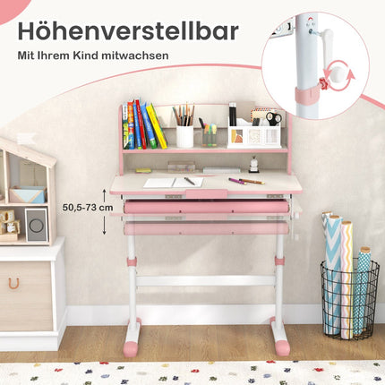 Bureau enfant réglable avec plateau inclinable, tiroir et étagère - Rose