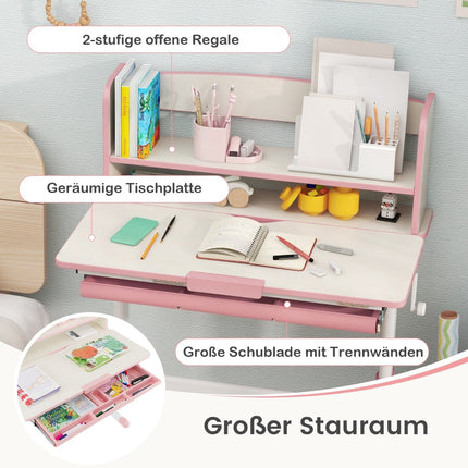 Bureau enfant réglable avec plateau inclinable, tiroir et étagère - Rose