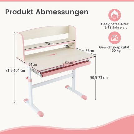 Bureau enfant réglable avec plateau inclinable, tiroir et étagère - Rose