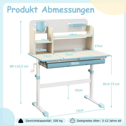 Bureau enfant réglable avec plateau inclinable, étagères et tiroir - Bleu