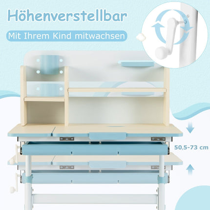 Bureau enfant réglable avec plateau inclinable, étagères et tiroir - Bleu