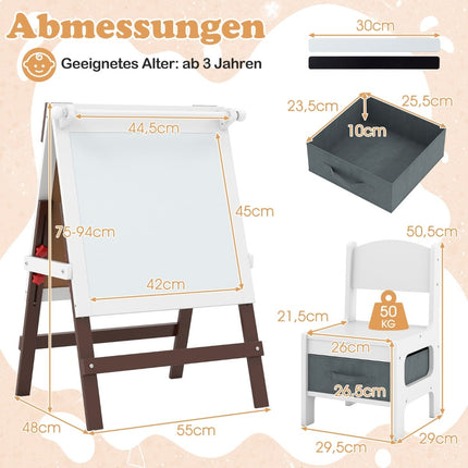 Ensemble chevalet et chaise réglables pour enfants avec tableau noir et tableau blanc