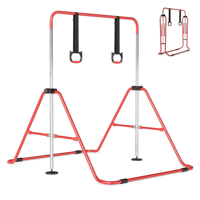 Barre de gymnastique réglable pour enfants avec anneaux, pliable, rouge
