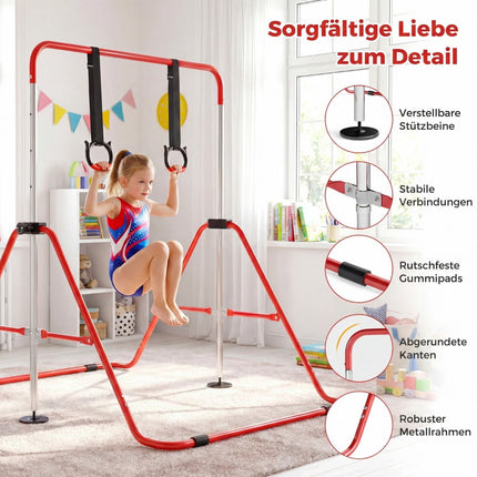 Verstellbarer Kinder-Gymnastikbarren mit Ringen, faltbar, Rot
