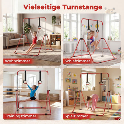 Verstellbarer Kinder-Gymnastikbarren mit Ringen, faltbar, Rot
