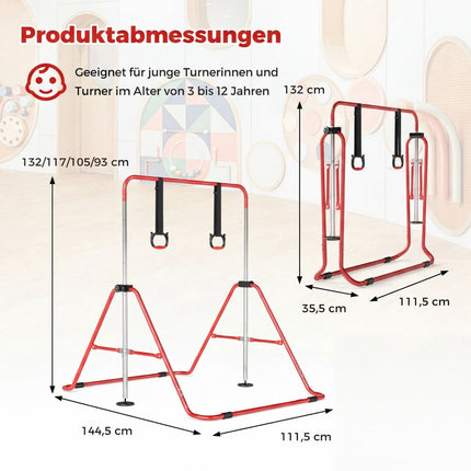 Verstellbarer Kinder-Gymnastikbarren mit Ringen, faltbar, Rot