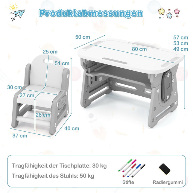 Verstellbarer Kindertisch und Stuhl-Set mit kippbarer Whiteboard-Platte