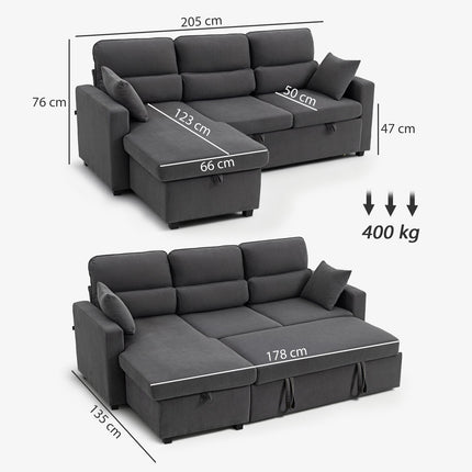 Verstellbares L-förmiges Schlafsofa mit Stauraum, Dunkelgrau
