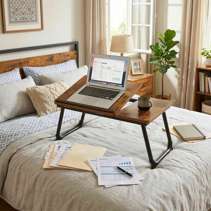 Table pour ordinateur portable réglable - Plateau pliable et inclinable effet bois