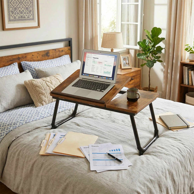 Table pour ordinateur portable réglable - Plateau pliable et inclinable effet bois